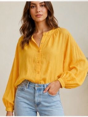 FRNCH Paris Yellow cotton Button Front Puff Sleeve Boho Cottagecore Blouse S